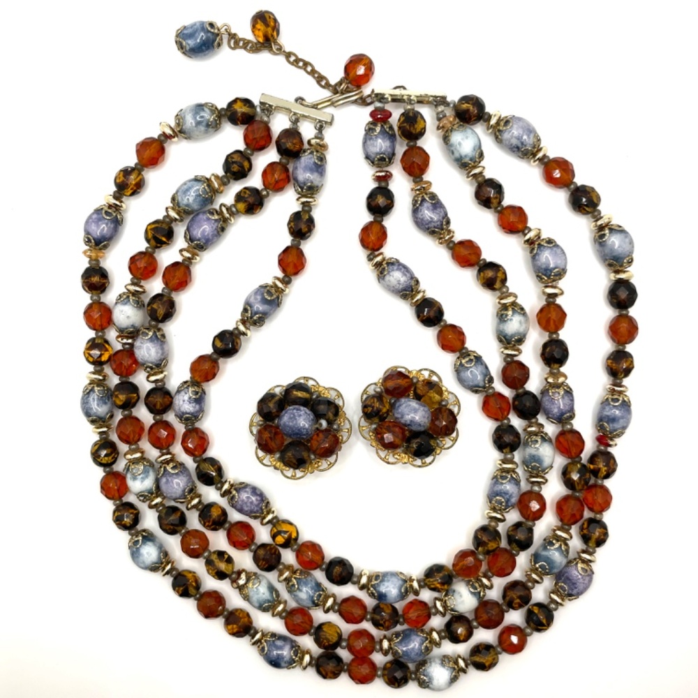 Vintage 4 Strand Acrylic Stone Necklace Clip Earrings Set